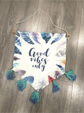 Good Vibes Only Boho Feather Wall Banner - White/Blue large 2/$18 bundle
